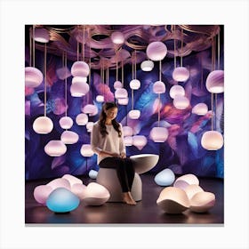 Woman Sitting In A Room With Colorful Lights Canvas Print