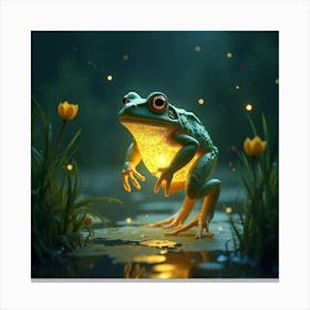 A Fantastical Frog With A Body Of Shimmering, Translucent Light Hopping Through A Glowing Marsh Canvas Print