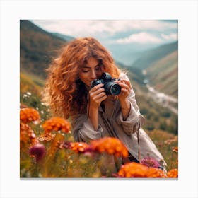 Woman Taking A Photo Of Flowers Canvas Print