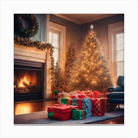 Christmas Presents Under Christmas Tree At Home Next To Fireplace Haze Ultra Detailed Film Photog (16) Canvas Print