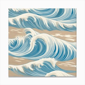 Ocean Waves Gentle Pencil Drawings Of Waves Highlighted With Shades Of Light Blue ,Sandy Beige Canvas Print