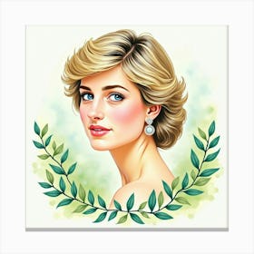 Watercolor Portrait Of Princess Diana Surrounded By Soft Greens 1 Canvas Print