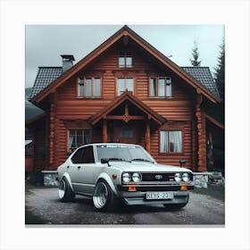 A 1981 White Toyota Corolla Gli Twin Cam With Full Body Kit In Front Of A Cabin House 1 Canvas Print