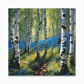 Silver Birch Woodland with Blue Speedwell Flowers Canvas Print