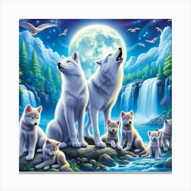 Wolf Family under moonlit waterfall Canvas Print