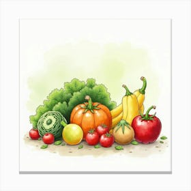 Charming Watercolor Scene Of Assorted Vegetables And Fruits With A Lovely Background 1 Canvas Print