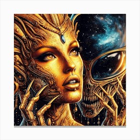 Alien Couple In Gold And Cosmic Exposure Drawing Canvas Print