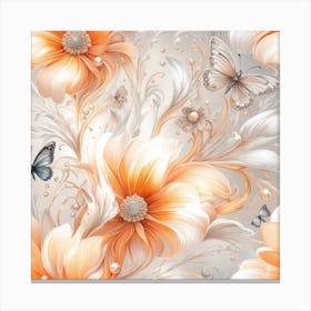 Wallpaper With Orange Flowers And Butterflies Canvas Print