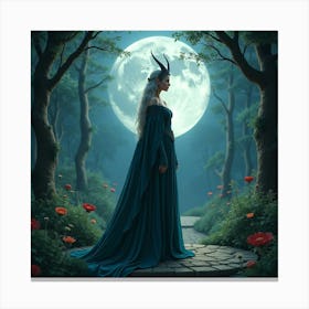 Elven Queen Standing In A Moonlit Royal Garden 1 Canvas Print