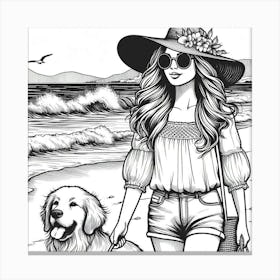 Line Art lady with a dog on the beach 6 Canvas Print