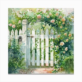 Rose Garden Gate at the Country Cottage | White Picket Fence Watercolor | Idyllic Countryside Home Sweet Home Canvas Print