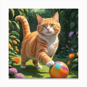 Orange Cat Playing Ball Canvas Print