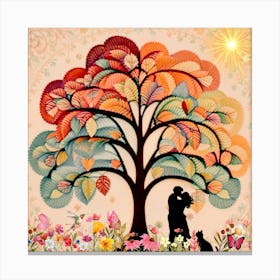 Couple And A Cat Under A Tree Canvas Print