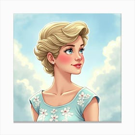 Princess Diana In A Whimsical Watercolor Setting With Floating Clouds 1 Canvas Print