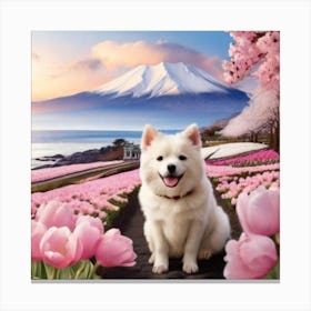 Dog In Pink Flowers Canvas Print