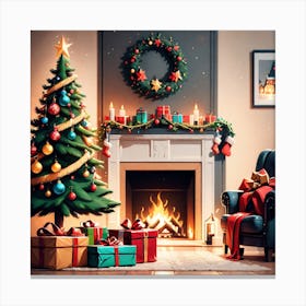 Christmas Presents Under Christmas Tree At Home Next To Fireplace Mysterious (3) Canvas Print
