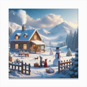 Winter Scene With Snowman Canvas Print