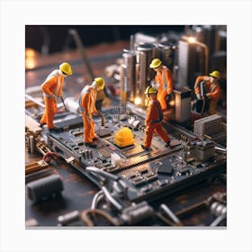 Miniature Construction Workers On A Computer Motherboard Canvas Print