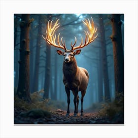 A Majestic Stag With Antlers Of Glowing, Starry Patterns Standing In A Cosmic Forest Canvas Print