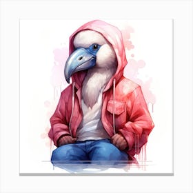 Watercolour Cartoon Flamingo In A Hoodie 2 Canvas Print