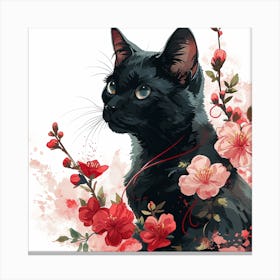 Black Cat With Cherry Blossoms Canvas Print