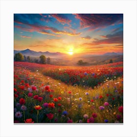 Sunset In A Flower Field Canvas Print