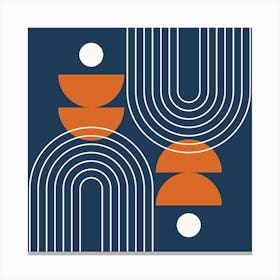 Modern Mid Century Sun, Moon Phases and Rainbow Abstract 27 in Navy Blue and Burnt Orange Canvas Print