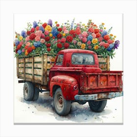 Red Truck With Flowers Canvas Print