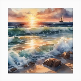 Sea Sunset Watercolor 1 Canvas Print