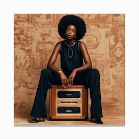 A Studio Portrait Featuring A Woman With Dark Skin And An Afro Hairstyle, Seated Atop A Large Wooden 1 Canvas Print