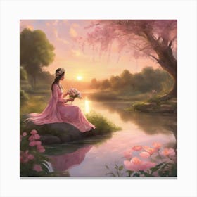 Sunset Serenity Woman By The River In A Pink Dress (4) Canvas Print