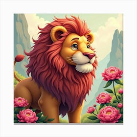 Lion With Vibrant Peonies 1 Canvas Print