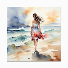 Watercolor Of A Girl On The Beach Canvas Print