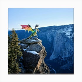 Iridescent Dragon Perched Atop A Snow Capped Mountain Peak Scales Shimmering With Ever Changing Col Canvas Print