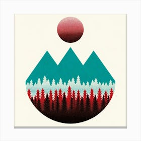 Title: "Crimson Sphere over Teal Summit"  Description: "Crimson Sphere over Teal Summit" is an evocative piece that combines the stark beauty of a rich, crimson sphere hovering above a stylized teal mountain range. The mountains, with their textured appearance, give way to a forest of pine trees, depicted in darker hues, which create a layered visual effect. The image is set against a muted cream background, allowing the bold colors to stand out. This abstract representation blends the boundaries between modern graphic design and elements of nature, crafted to draw the viewer into a world where color and form converge in a dance of digital elegance. It is a perfect representation of artistic contrast and natural symmetry, ideal for an audience that appreciates the intersection of art, nature, and technology. Canvas Print