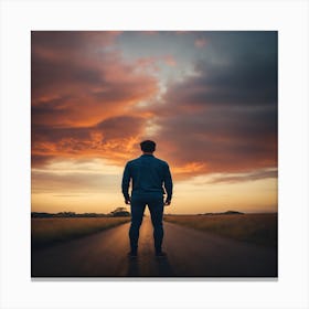 Man Standing On Road At Sunset Canvas Print