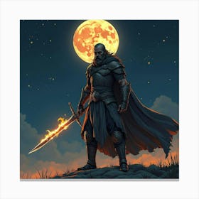 A Warrior Holding A Sword With Fire Coming From The Blade, Standing Under A Starry Sky With A Full Moon Canvas Print