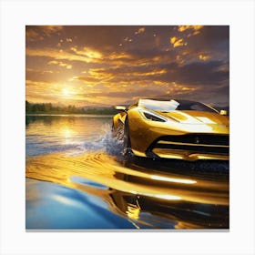 Golden Sports Car In The Water Canvas Print