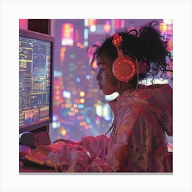 Girl In Headphones Using Computer At Night 1 Canvas Print