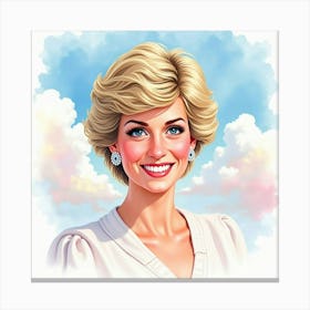 Watercolor Portrait Of Princess Diana Smiling With Bright Pastel Clouds 1 Canvas Print