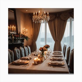 An Elegant Luxurious Tent Interior Features A Dining Table Set For A Meal With Curtains And Fireplace Creating A Cozy Atmosphere 4 Canvas Print