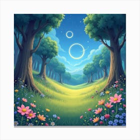 Celestial Watercolor Meadow With Glowing Faerie Rings 1 Canvas Print