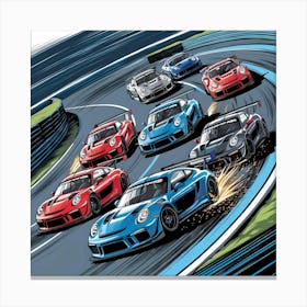 High Speed Cars Compete On A Winding Race Track, Engines Roaring As They Drift Through Tight Corners And Accelerate On Straight Stretches Canvas Print