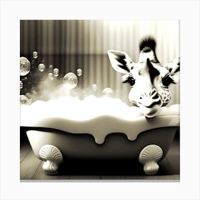 Giraffe In Bath watercolor style cute, happy baby giraffe holding a bath brush and smiling in an old bathtub, with Bubble Bath, Canvas Print