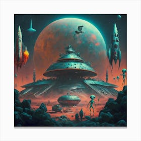 A Retro Sci Fi Space Station With Rockets And Aliens Canvas Print