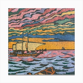 Oil painting of a boat in a body of water, woodcut, inspired by Gustav Baumann 5 Canvas Print