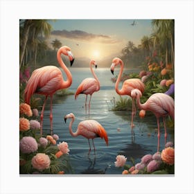 Flamingos At Sunset Canvas Print