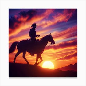 Silhouette Of A Cowboy Riding Into The Sunset, C4d, Dreamy And Optimistic, Vibrant Sky 4 Canvas Print