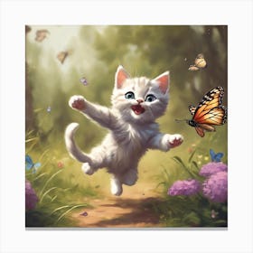 White Cat With Butterflies Canvas Print