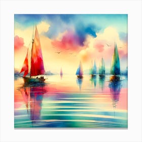 Sea Boats People Artwork Painting Square Stampe su tela